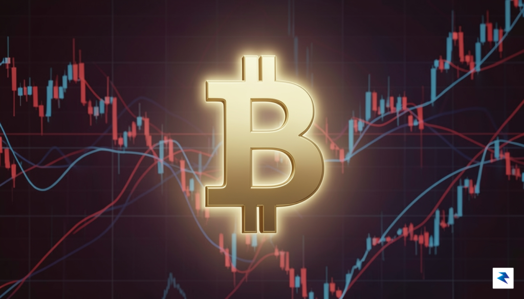A digital illustration showing a glowing, stable Bitcoin symbol standing…