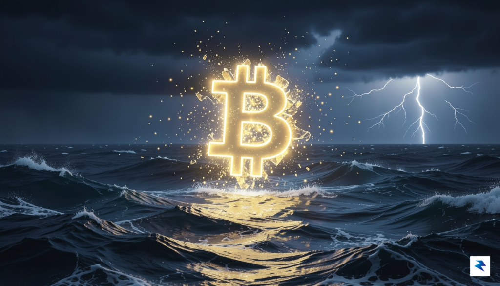 A digital art illustration showing a glowing Bitcoin symbol fragmenting…