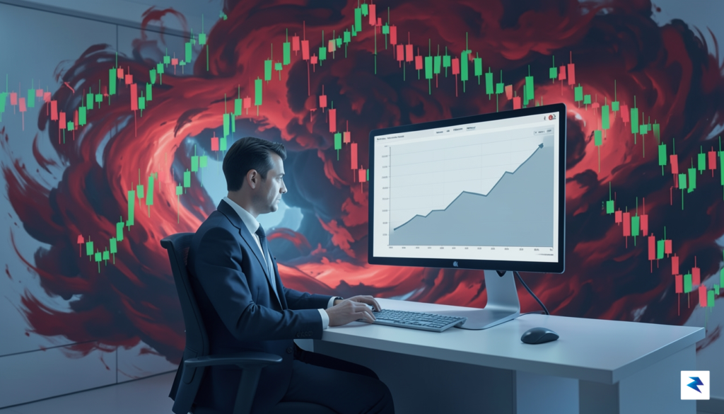 A conceptual digital illustration showing a calm investor looking at…