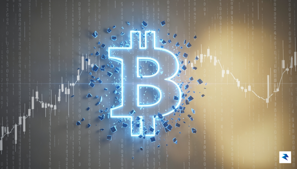 A digital rendering of a glowing Bitcoin symbol fragmenting into…