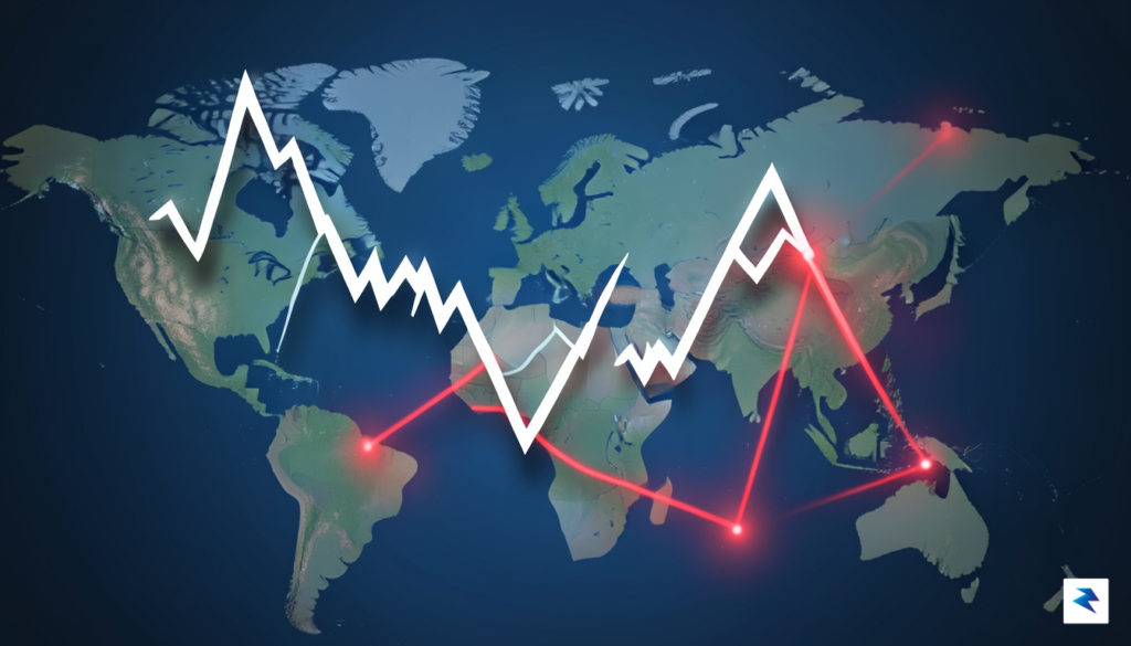 A digital illustration showing a turbulent financial graph overlaying a…