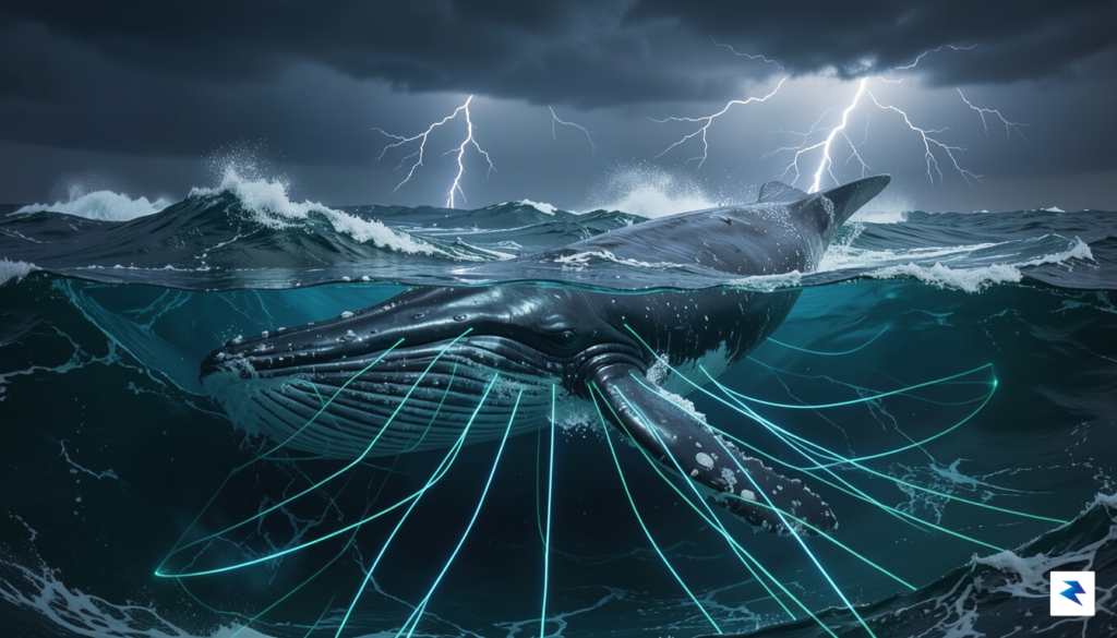 A digital art representation showing a massive whale swimming beneath&hellip;