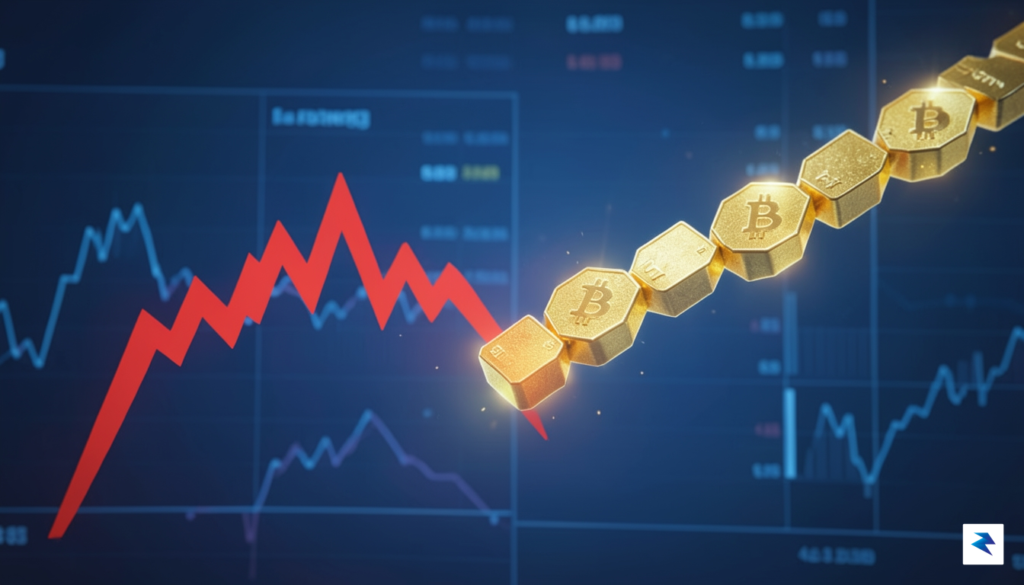 A digital visualization of a jagged stock market graph diverging&hellip;