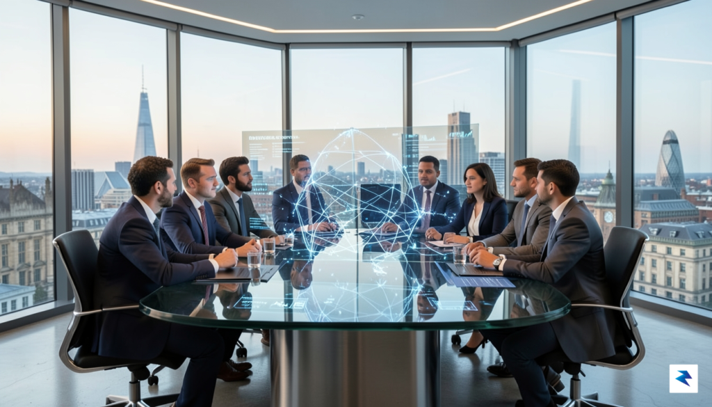 A modern, high-tech boardroom featuring glass walls overlooking the London&hellip;
