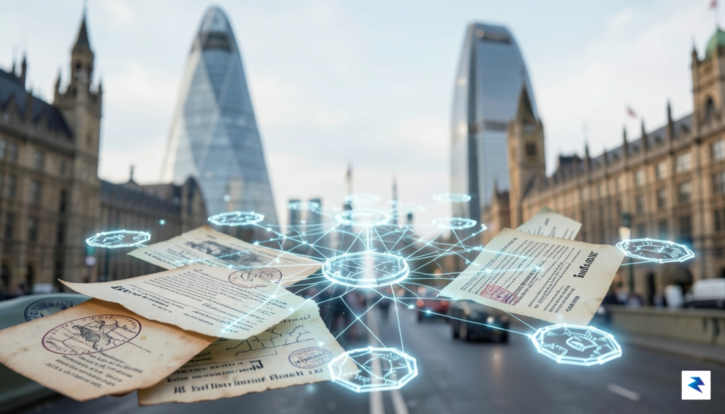 A conceptual digital visualization showing traditional paper financial documents transforming&hellip;