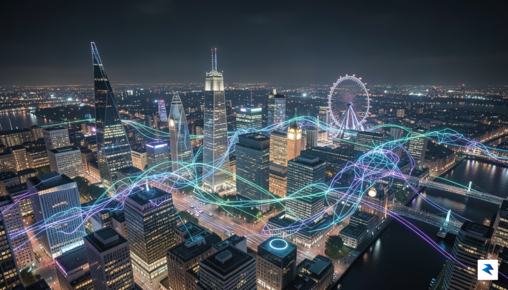 A modern, high-tech digital rendering of the London skyline with&hellip;