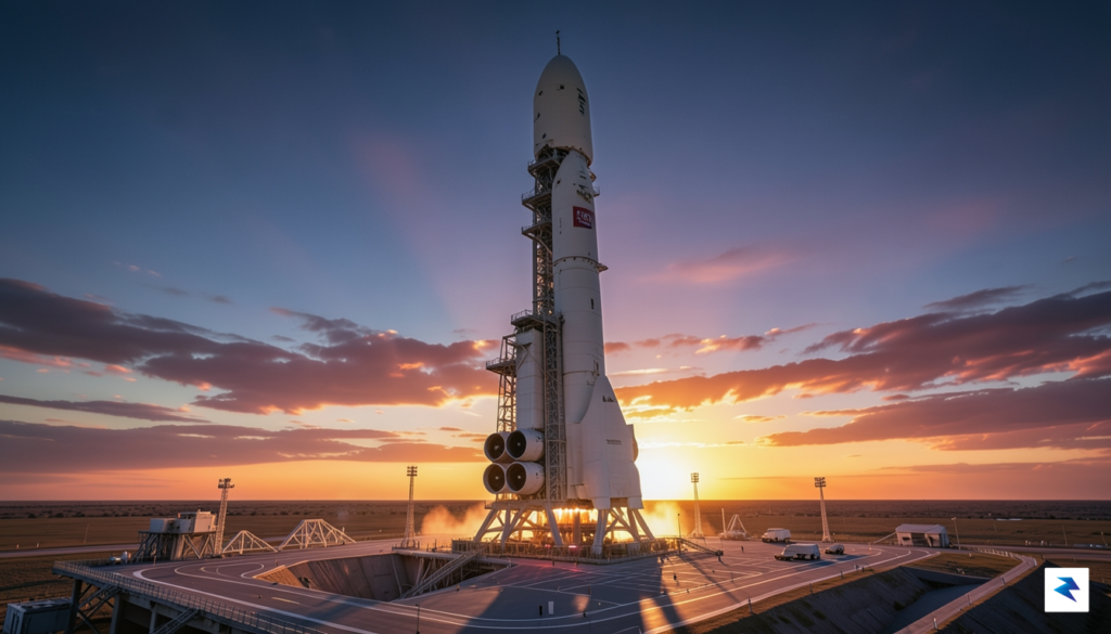 A wide-angle digital rendering of a New Glenn rocket standing…