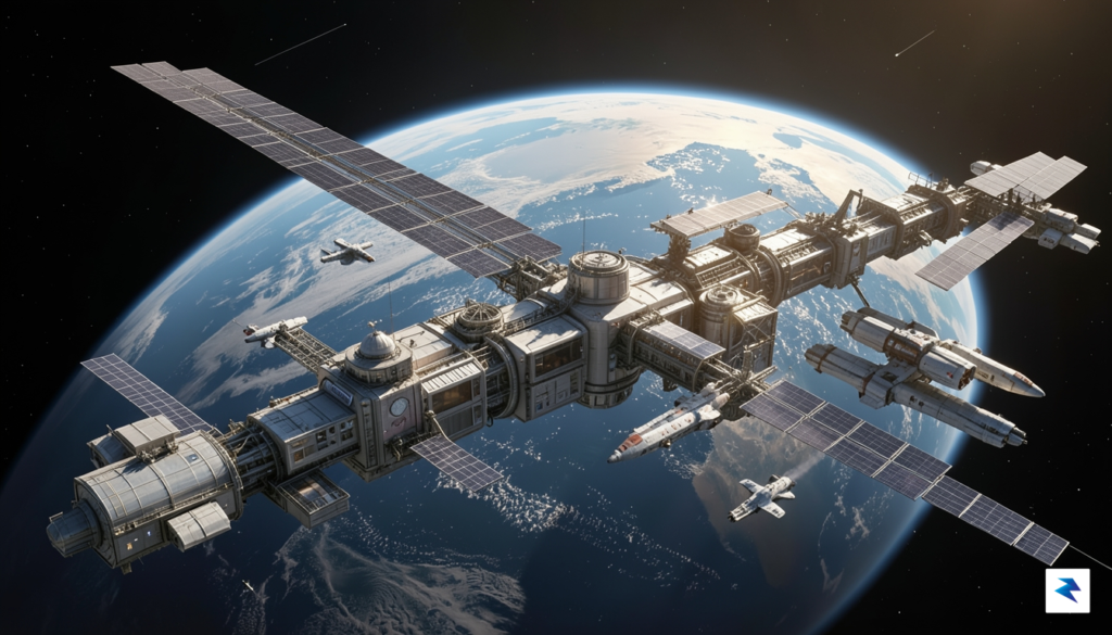 A conceptual digital render of the Orbital Reef space station,…