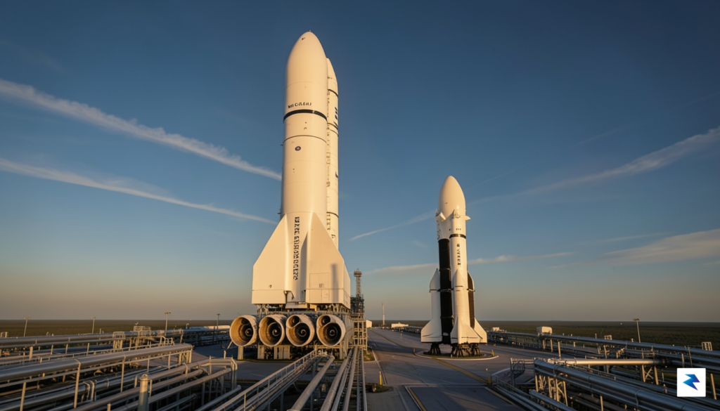 A sleek, high-angle composite shot showing the massive New Glenn…