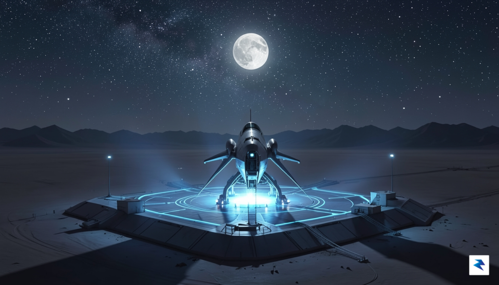 A conceptual digital illustration showing a futuristic spacecraft launch pad…