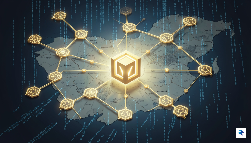 A digital illustration showing a complex network of golden blockchain…