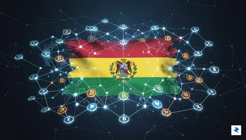 A modern, high-tech digital representation of the Bolivian flag blending…
