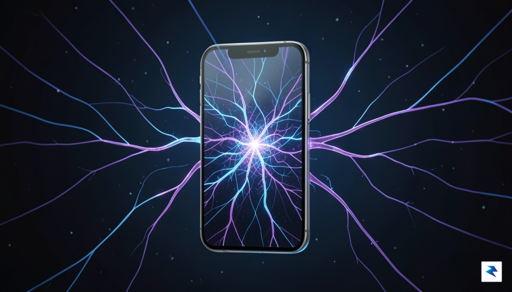 A sleek, transparent smartphone silhouette glowing with a complex, interconnected&hellip;