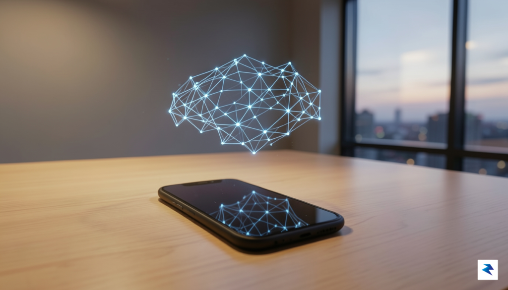 A sleek, modern smartphone sitting on a desk with a&hellip;