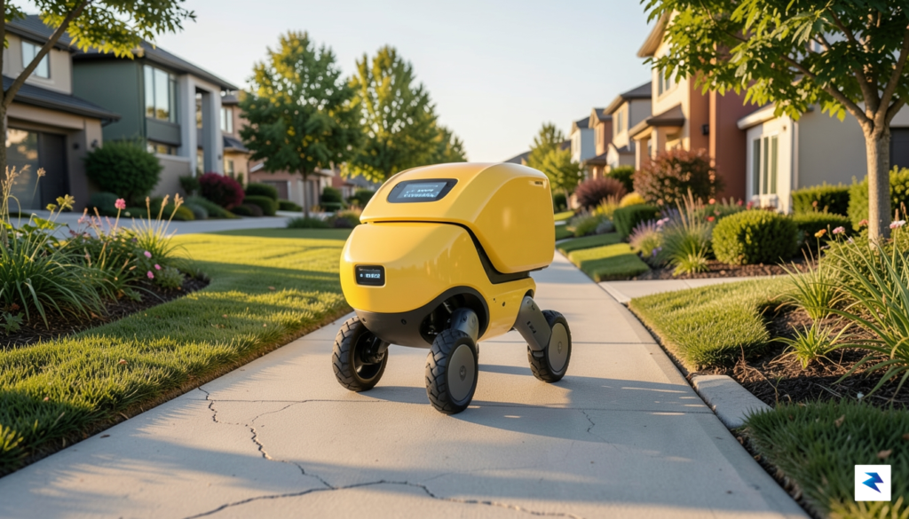 A wide-angle, cinematic shot of a sleek, yellow Boston Dynamics&hellip;