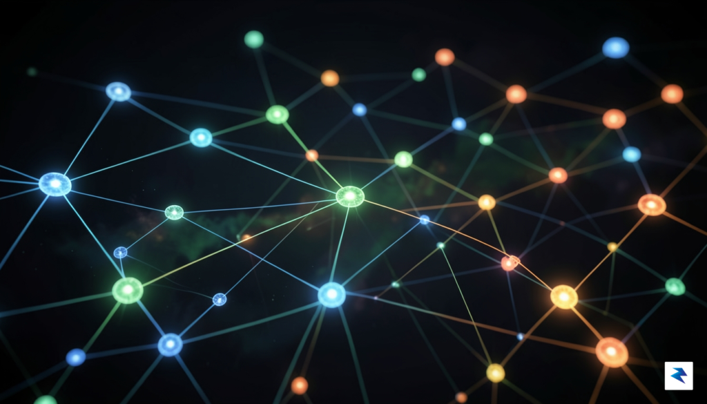 A digital illustration showing a complex network of glowing energy…