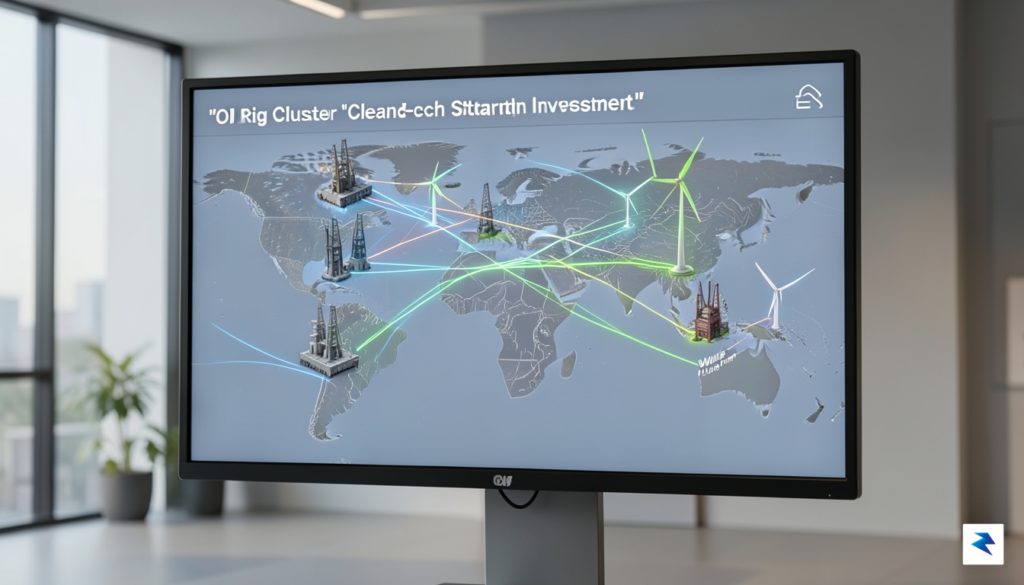 A high-resolution photo showing a digital network map connecting oil…