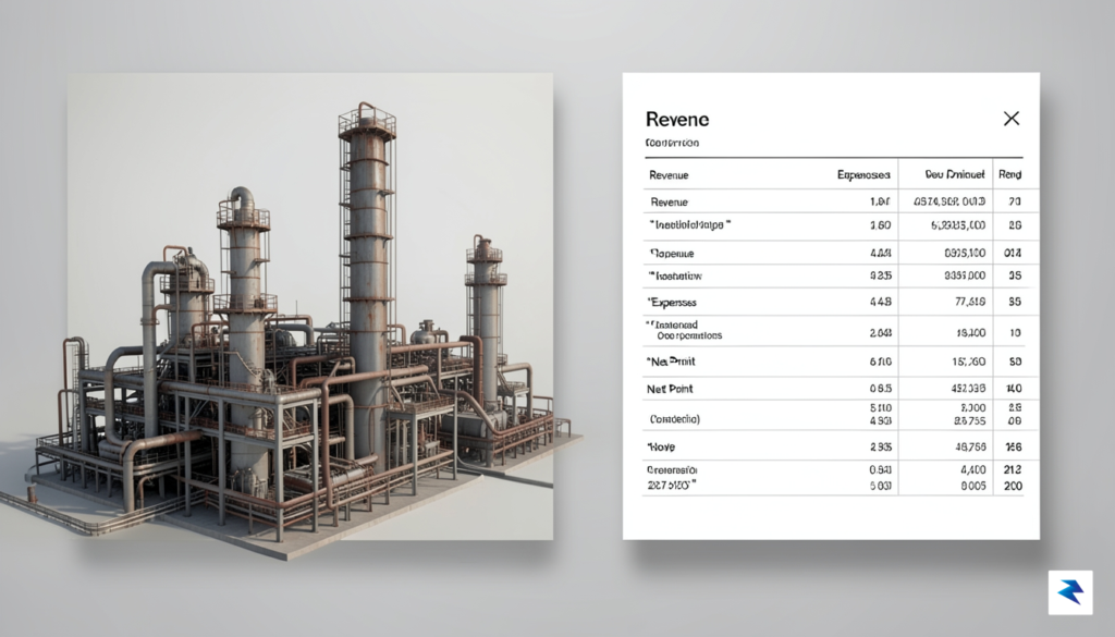 A conceptual digital illustration of a complex oil refinery structure…