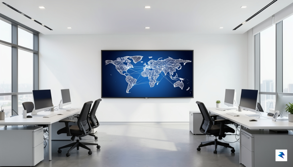 A sleek, modern office interior with a digital display showing…