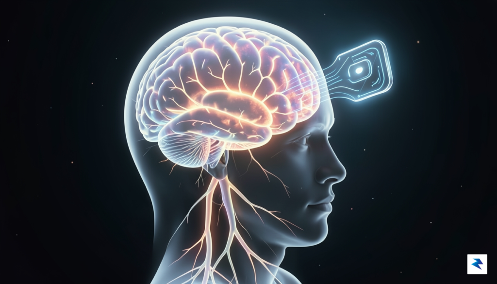 A conceptual digital illustration showing a translucent human head with…