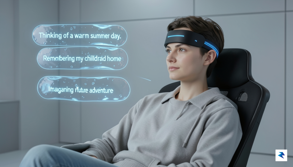 A conceptual digital illustration showing a person sitting comfortably in…