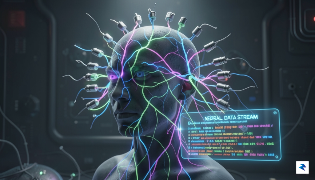 A 3D visualization showing a human head with glowing, colorful…