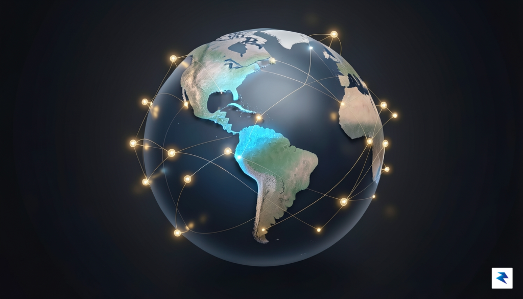 A modern digital visualization of a globe connected by glowing…