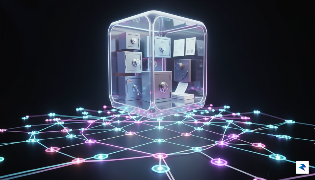 A conceptual digital art piece showing a transparent, glowing vault…