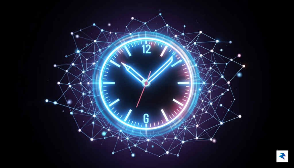A conceptual digital illustration showing a fast-moving glowing clock face…