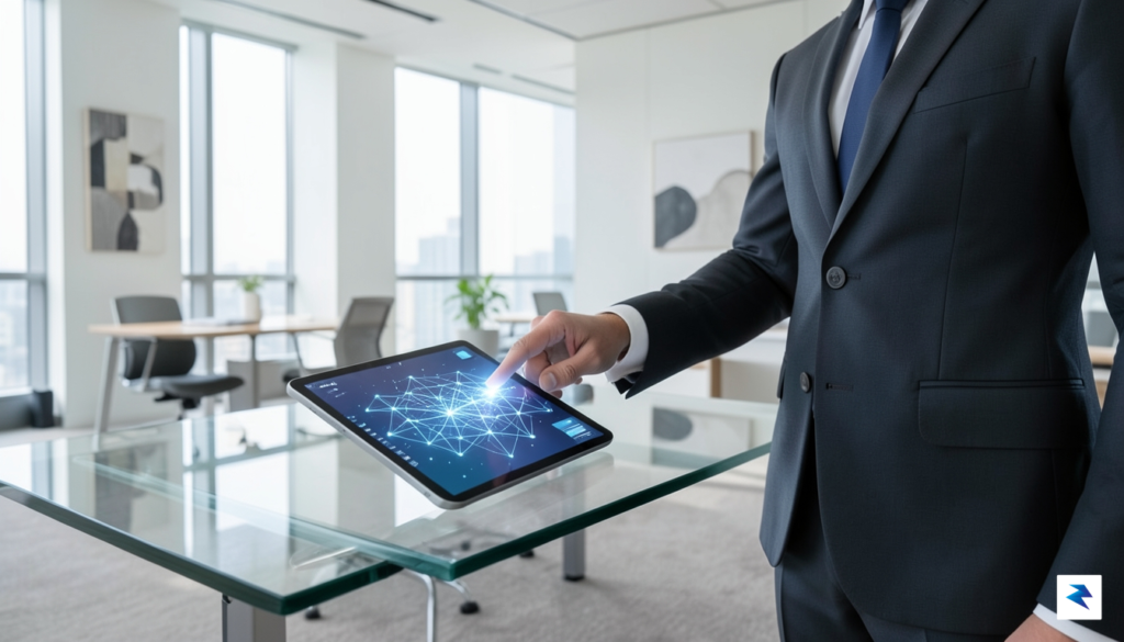 A modern, sleek office environment showing a digital tablet displaying…