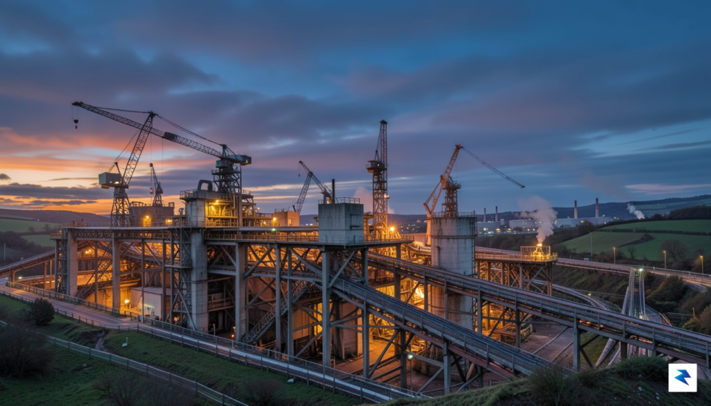 A wide-angle, cinematic shot of a sprawling, modern steel manufacturing&hellip;