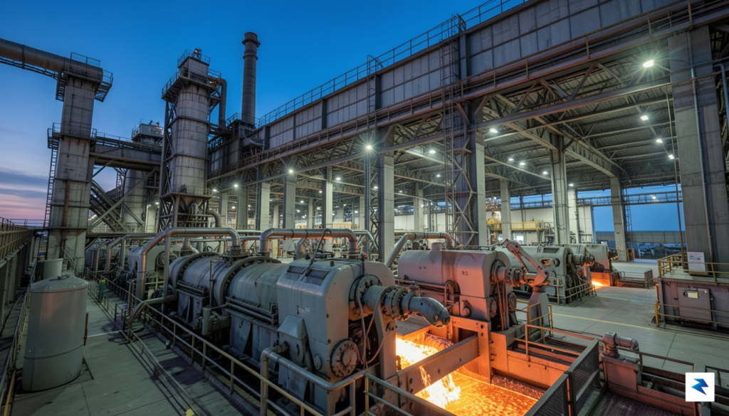 A wide-angle, high-definition photograph of a sprawling steel mill at&hellip;