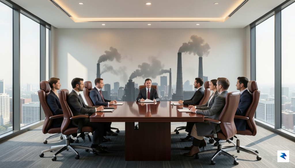 A conceptual illustration showing a corporate boardroom meeting table where…