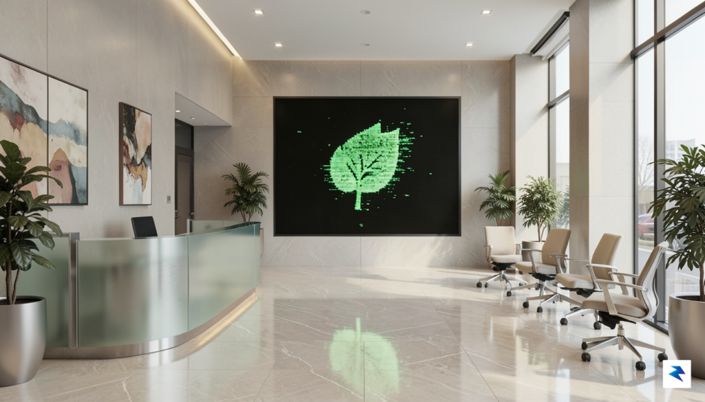 A wide-angle shot of a sleek, modern corporate office lobby…