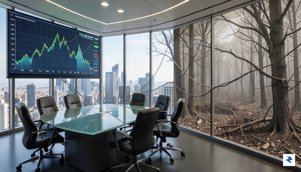 A conceptual illustration showing a glass corporate boardroom overlooking a…