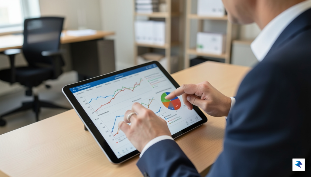 A close-up, high-resolution photograph of a professional financial auditor reviewing…