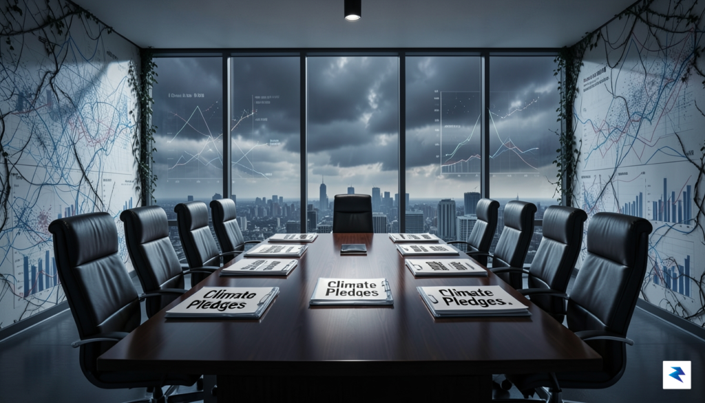 A conceptual digital illustration of a corporate boardroom table filled…