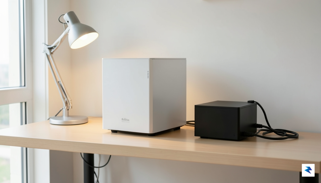 A clean, minimalist home office desk setup featuring a compact…