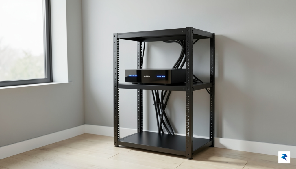 A clean, minimalist server rack in a home office setting,…
