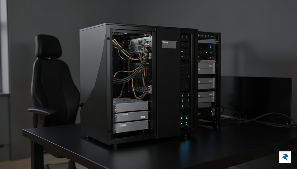 A clean, minimalist server rack setup featuring a custom-built PC…