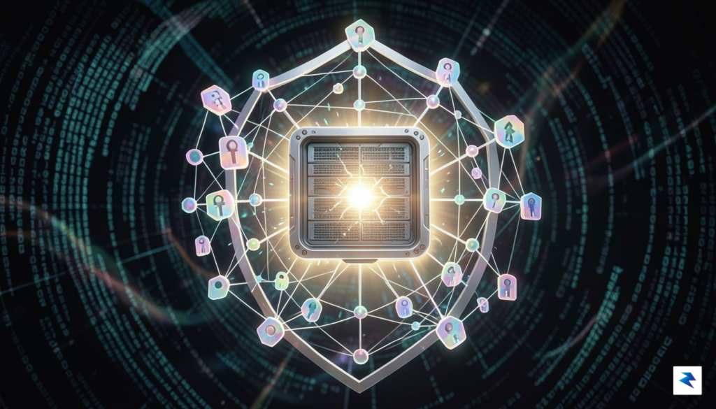A conceptual digital illustration showing a glowing, hardened server core…