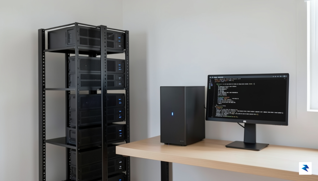 A minimalist server rack setup in a clean home office,…