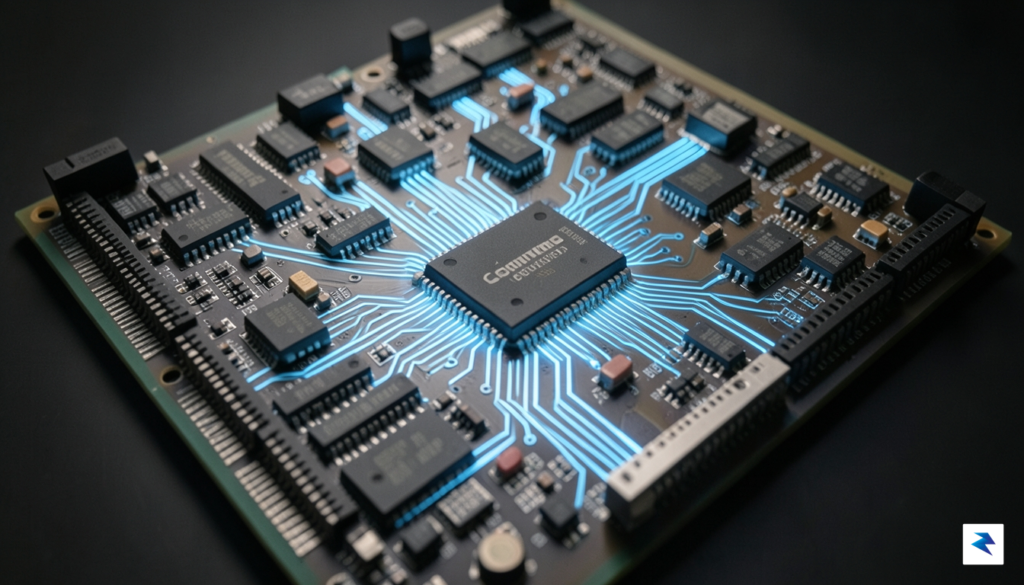A close-up view of a Commodore 64 motherboard with glowing…