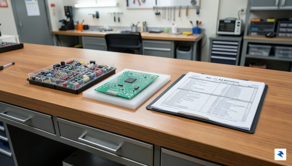A clean, organized workbench featuring a professional Bill of Materials…