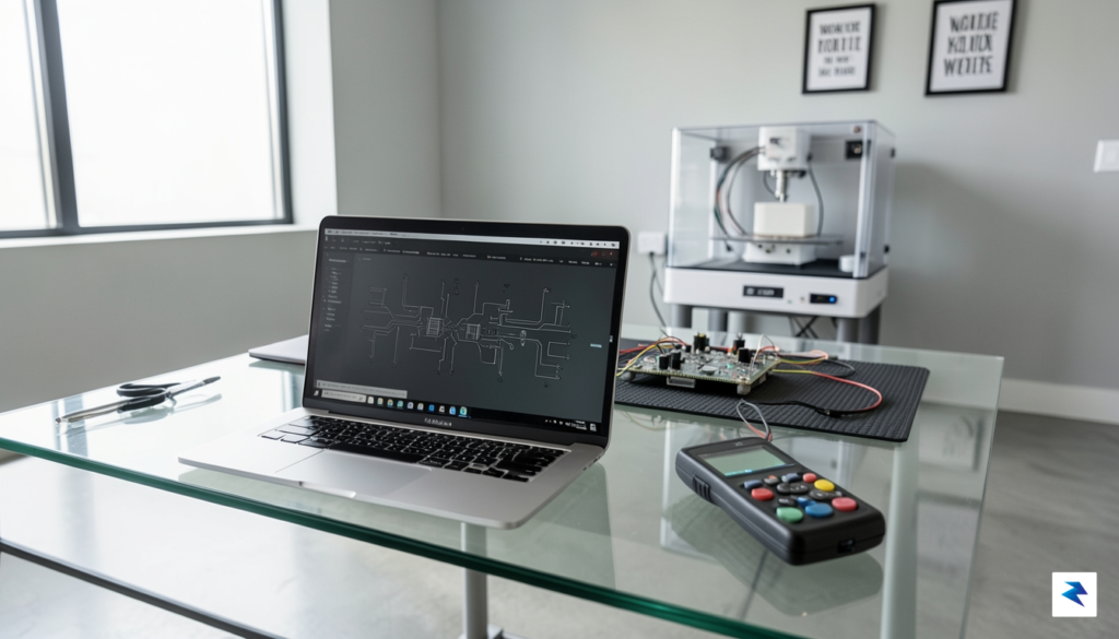 A clean, well-lit workspace featuring a laptop, a digital multimeter,…