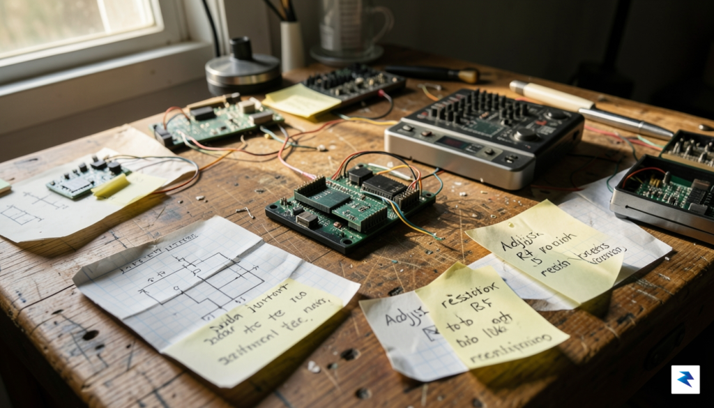 A close-up shot of a workbench showing a MIDI recorder…