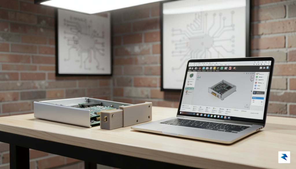 A clean, well-lit workbench featuring a modern, minimalist MIDI hardware…