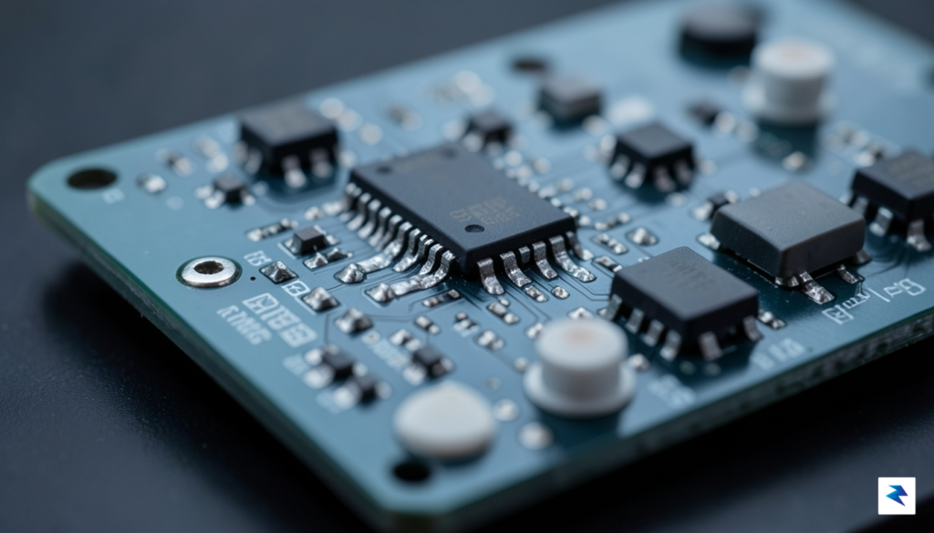 A close-up, high-resolution photo of a MIDI recorder's circuit board…