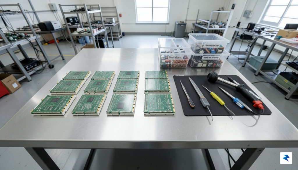 A wide-angle top-down shot of a clean, organized factory workbench…