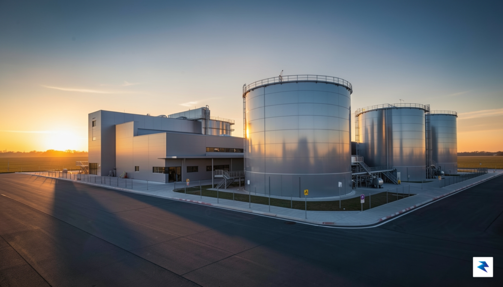 A modern, high-tech industrial facility with large, gleaming oil storage…